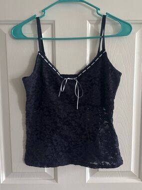 Hollister Navy Lace Trim Spaghetti Cami with White Ribbon
